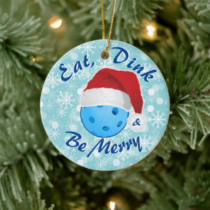 Eat, Dink and Be Merry Christmas Pickleball Santa Ceramic Ornament