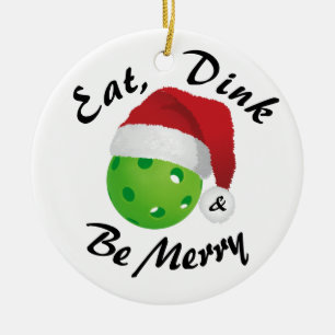 Eat, Dink and Be Merry Christmas Pickleball Santa Ceramic Ornament