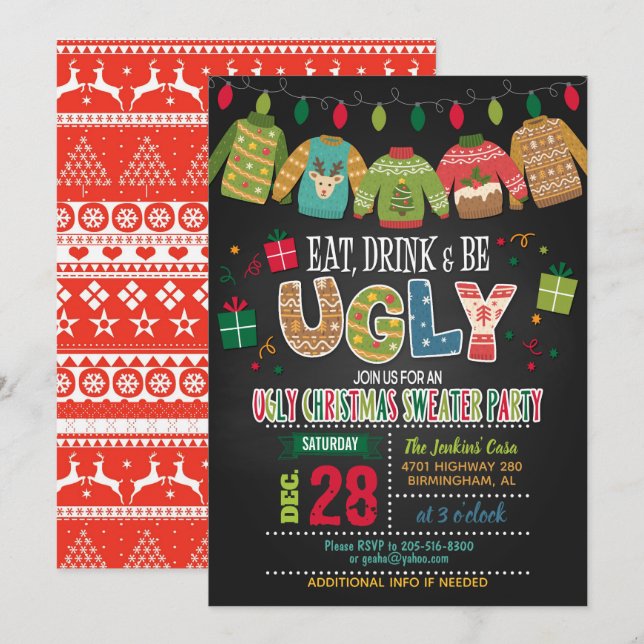 Eat, Drink an Be Ugly Ugly Christmas Sweater Party Invitation (Front/Back)