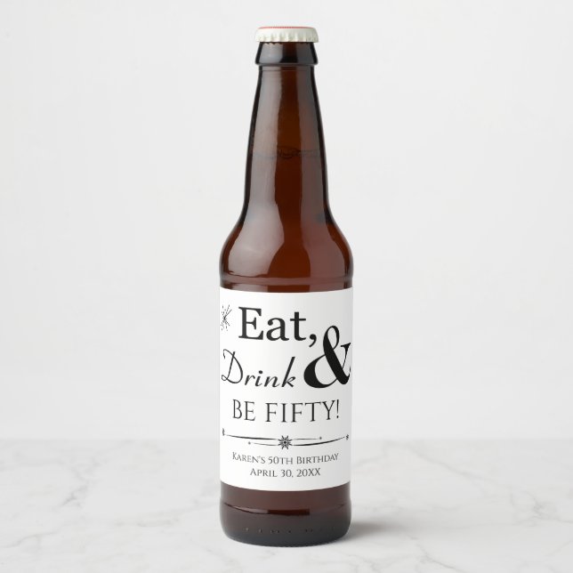 Eat Drink and Be Fifty Retro 50th Birthday Beer Bottle Label (Front)