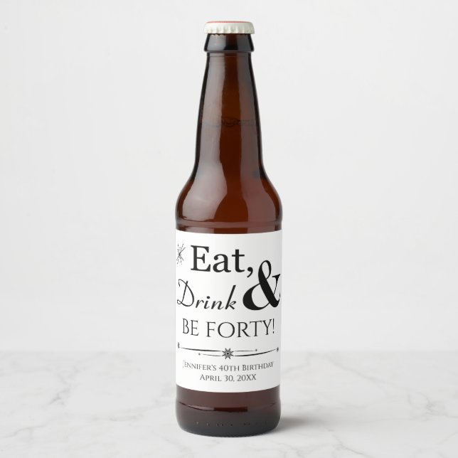 Eat Drink and Be Forty Retro 40th Birthday Beer Bottle Label (Front)