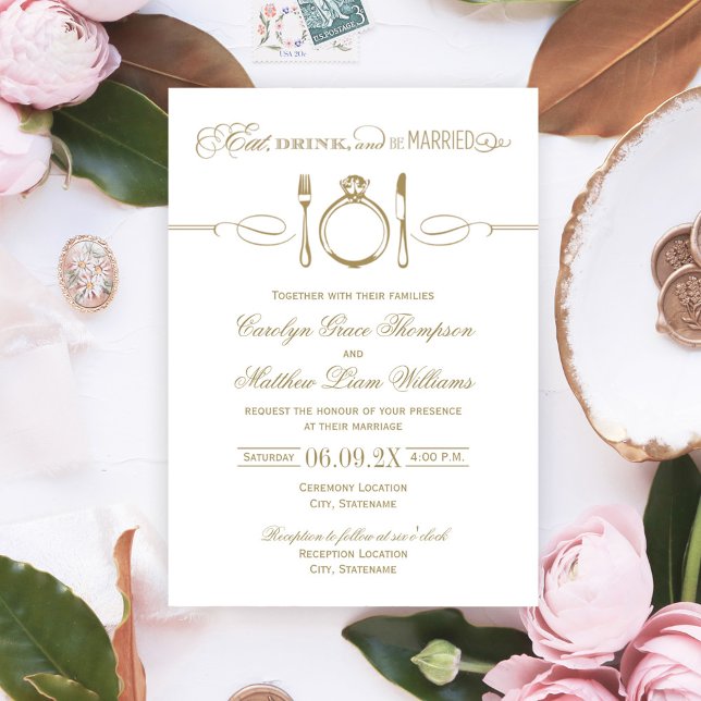 Eat Drink and Be Married Antique Gold Wedding Invitation (Creator Uploaded)