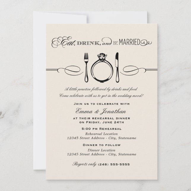 Eat Drink and Be Married Black Rehearsal Dinner Invitation (Front)