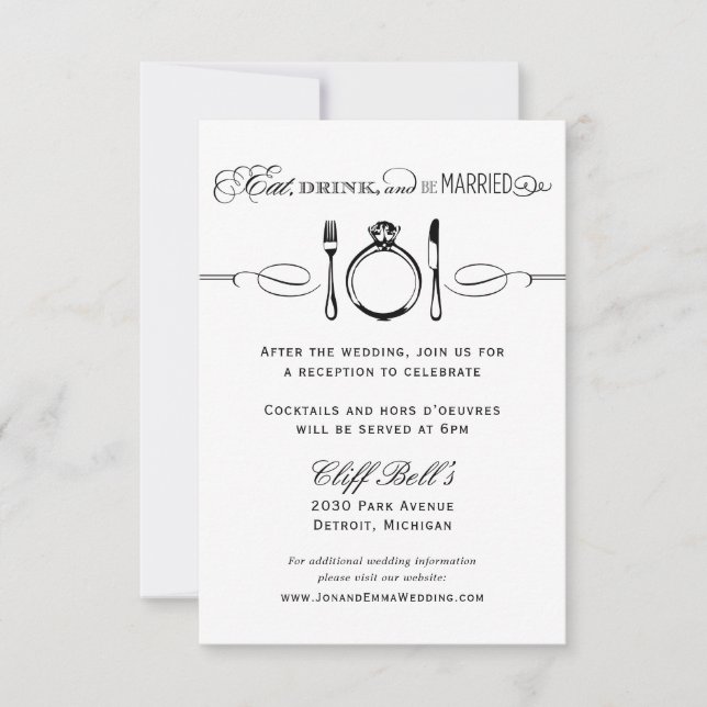 Eat Drink and Be Married Black Wedding Reception Invitation (Front)