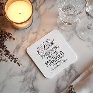 Eat Drink and Be Married Black Wedding Square Paper Coaster
