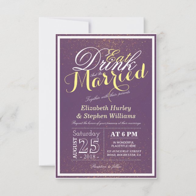 EAT Drink and Be Married Chic Purple Gold Glitter Invitation (Front)