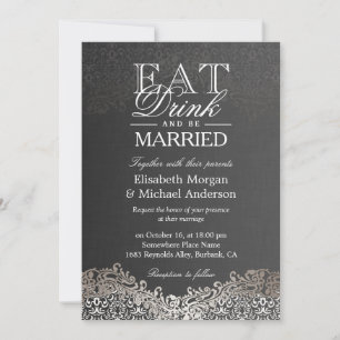EAT Drink and Be Married Elegant Silver Damask Invitation
