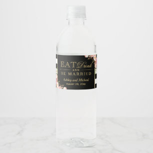 Eat Drink and Be Married   Floral Stripes Wedding Water Bottle Label
