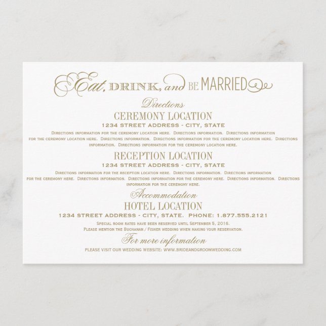 Eat Drink and Be Married Gold Wedding Details Enclosure Card (Front)