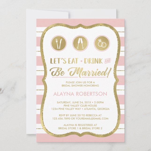 Eat Drink and Be Married Invitation, Faux Gold Invitation (Front)