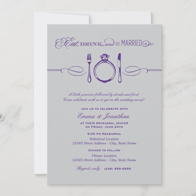 Eat Drink and Be Married Purple Rehearsal Dinner Invitation (Front)