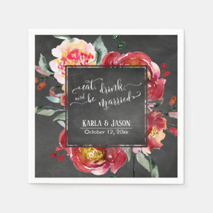 Eat Drink and be Married Red Flowers on Chalkboard Napkin