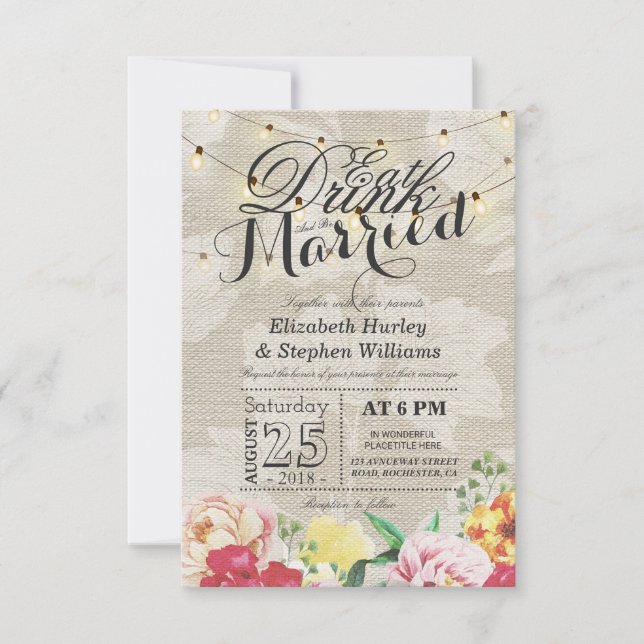 EAT Drink and Be Married String Light Chic Floral Invitation (Front)