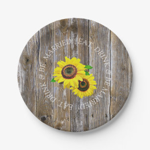 Eat, Drink and Be Married Wood and Sunflower Paper Plate
