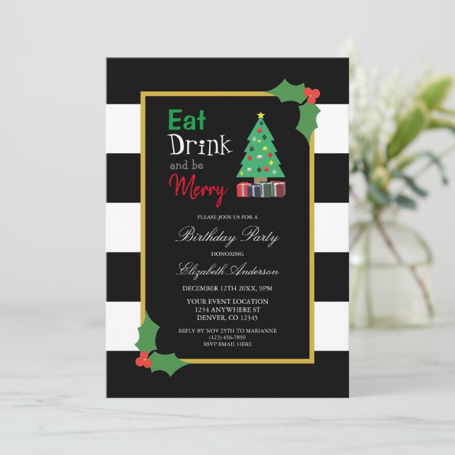 Eat Drink And Be Merry Birthday Party Invitation (Standing Front)