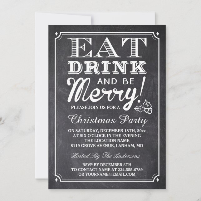 Eat Drink and Be Merry Chalkboard Christmas Party Invitation (Front)