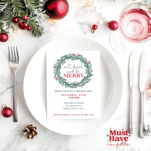 Eat, Drink and Be Merry Christmas Party Potluck  Holiday Card (Creator Uploaded)
