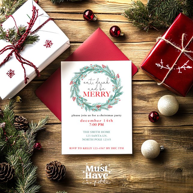 Eat, Drink and Be Merry Christmas Party Potluck  Invitation (Creator Uploaded)