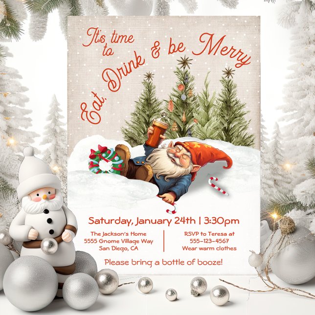 Eat Drink and be Merry Drunk Gnome Christmas Party Invitation (Creator Uploaded)