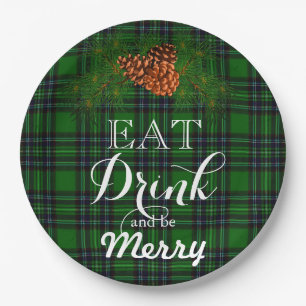 Eat Drink and be Merry -green buffalo plaid Paper Plate