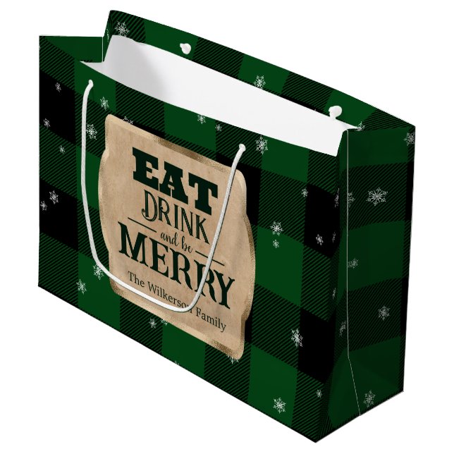 Eat Drink and Be Merry Green Plaid Christmas Large Gift Bag (Front Angled)