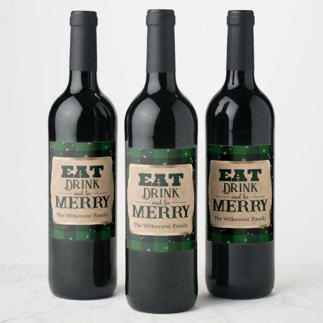 Eat Drink and Be Merry Green Plaid Christmas Wine Label (Bottles)