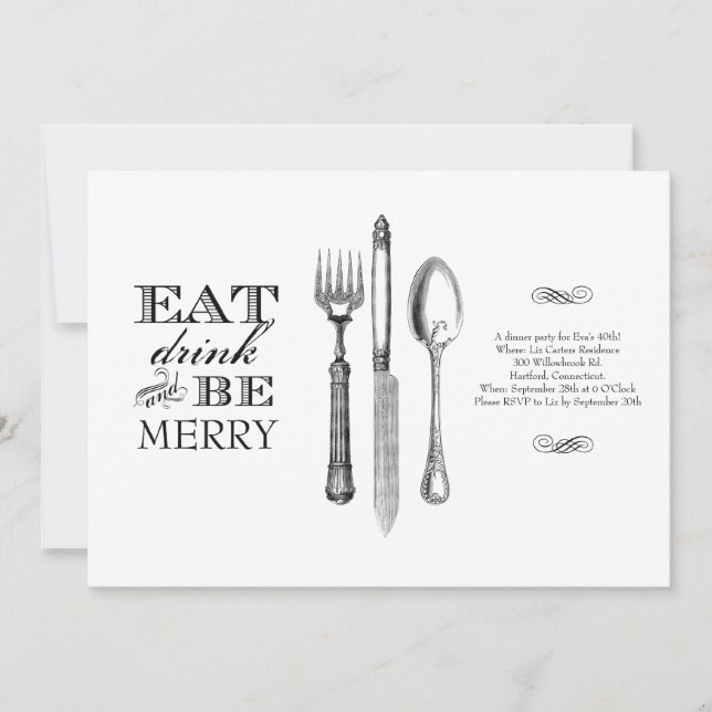 Eat, Drink and Be Merry | Invitation on White (Front)