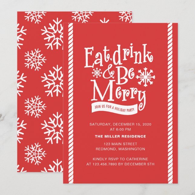 Eat Drink and Be Merry Red Holiday Party Invitation (Front/Back)