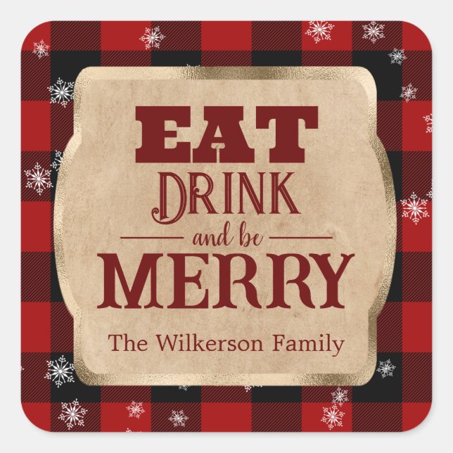 Eat Drink and Be Merry Rustic Red Plaid Christmas Square Sticker (Front)