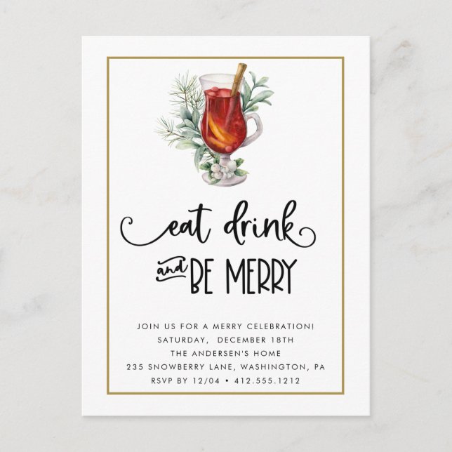 Eat Drink and Be Merry Snowberries Christmas Party Postcard (Front)
