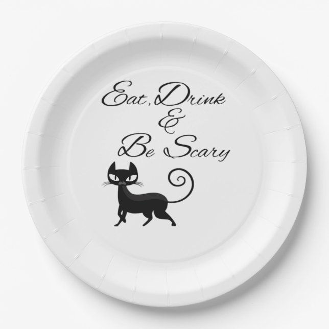 Eat Drink And Be Scary Cat Funny Cute Spooky Hallo Paper Plate (Front)