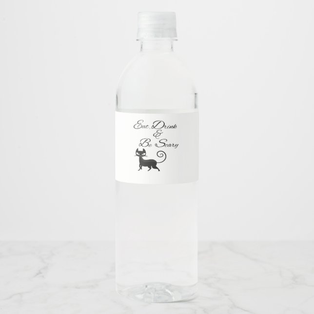 Eat Drink And Be Scary Cat Funny Cute Spooky Hallo Water Bottle Label (Front)