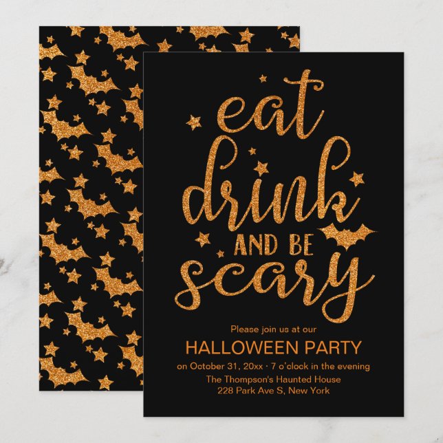 Eat, Drink and Be Scary, Cute Glitter Halloween Invitation (Front/Back)
