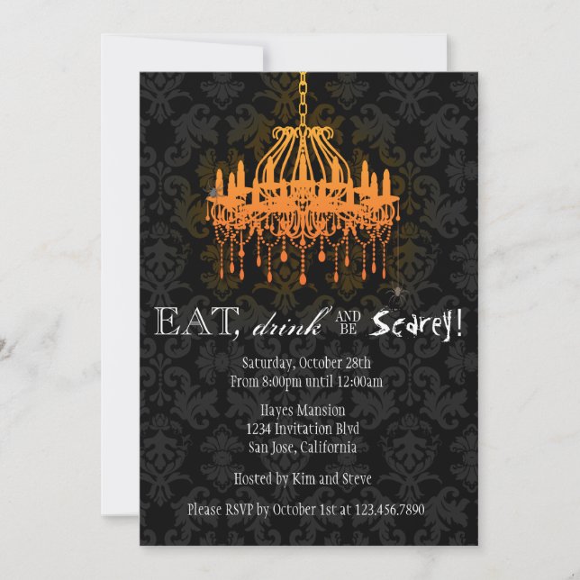 Eat Drink and Be Scary Elegant Damask Chandelier Invitation (Front)