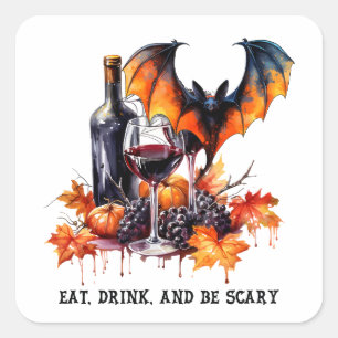 Eat Drink and Be Scary Fall Halloween Bat and Wine Square Sticker