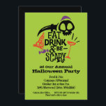 Eat Drink and Be Scary Halloween Party Invitations<br><div class="desc">Eat, Drink and Be Scary is printed in fun typography with a wine glass, skull, scary knife, pizza and candy, ready to PERSONALIZE with your party details. CHANGE the lime green background colour to fit your Halloween decorating theme. For thicker papers, consider the Matte Paper. MATCHING items in our store....</div>