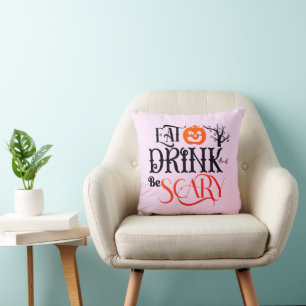 Eat Drink and Be Scary Light Pink Halloween Throw Pillow