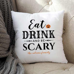 Eat Drink and Be Scary Modern Typography Halloween Throw Pillow