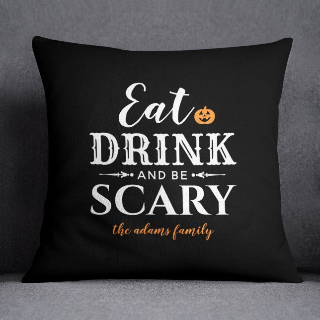 Eat Drink and Be Scary Modern Typography Halloween Throw Pillow (Creator Uploaded)