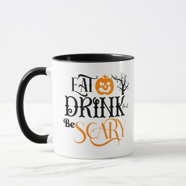 Eat Drink and Be Scary Pumpkin Halloween Mug (Left)