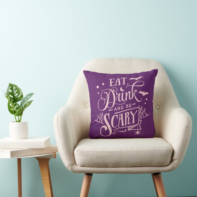 Eat Drink and Be Scary Purple Halloween Throw Pillow (Chair)
