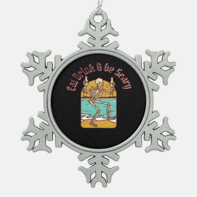 Eat Drink And Be Scary Simple Clean Snowflake Pewter Christmas Ornament (Front)