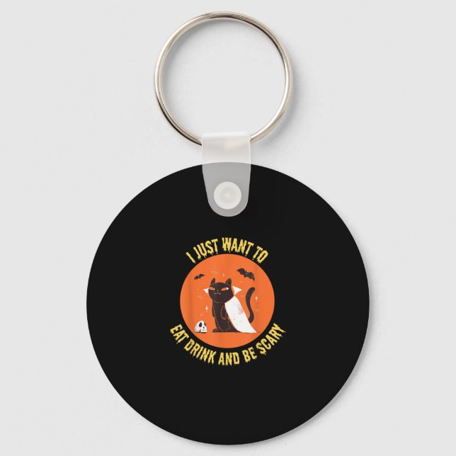 Eat Drink And Be Scary Spooky Cat Halloween Keychain (Front)