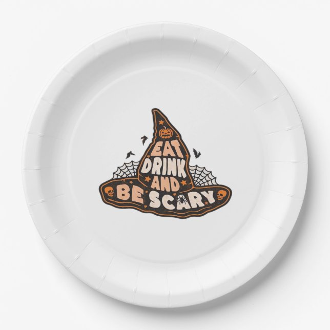 Eat Drink And Be Scary Witch Hat Aesthetic Casual Paper Plate (Front)