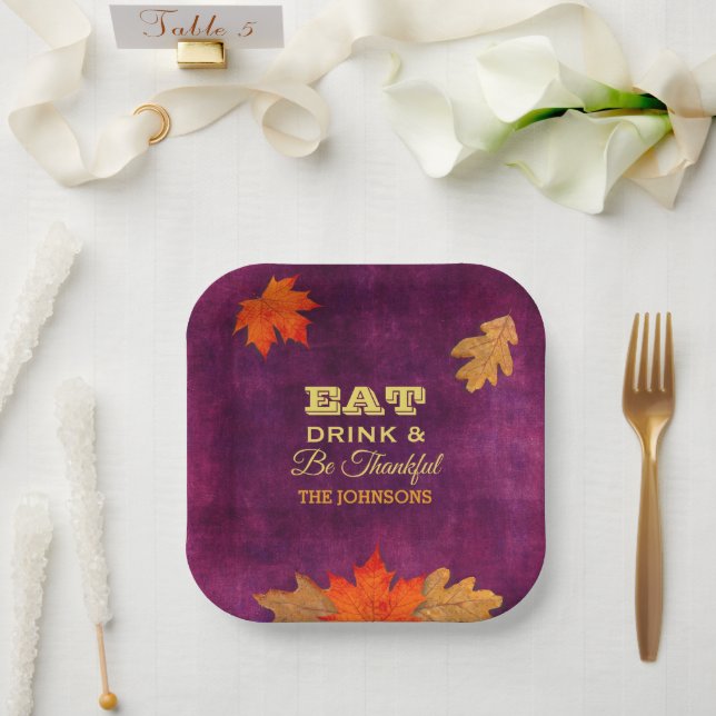 Eat Drink and Be Thankful Plum Leaves  Paper Plate (Wedding)