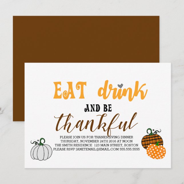 Eat Drink And Be Thankful Thanksgiving Party Invitation (Front/Back)