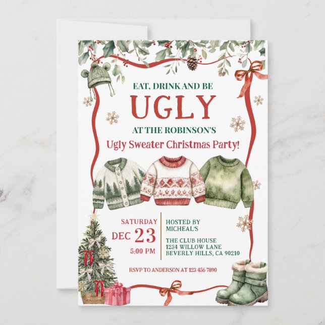 Eat Drink and Be Ugly Sweater Christmas Party Invitation (Front)