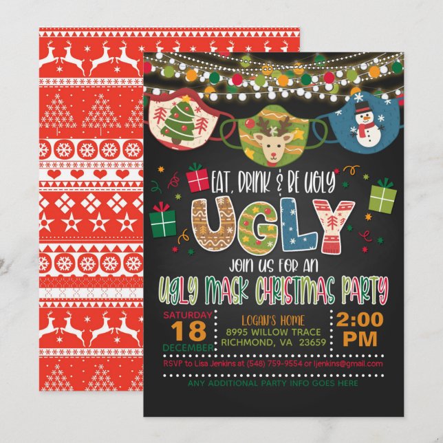 Eat, Drink and Be Ugly - Ugly Mask Christmas Party Invitation (Front/Back)