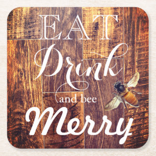 eat drink and bee merry square paper coaster