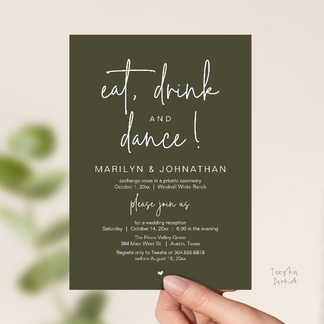 Eat, Drink and Dance, Modern Wedding Reception Invitation (Eat, Drink and Dance, Modern Wedding Reception Dinner Party Invitation Card in olive green)